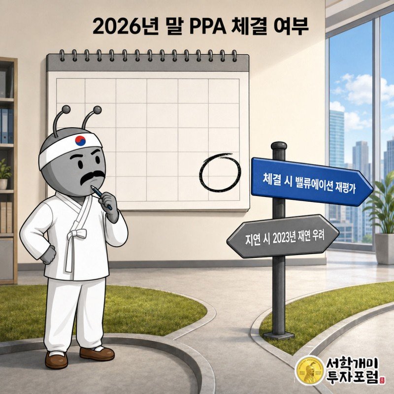 부자개미가 2026년 12월에 동그라미 친 달력 앞에서 체결과 지연으로 갈리는 표지판을 신중하게 바라보는 그림