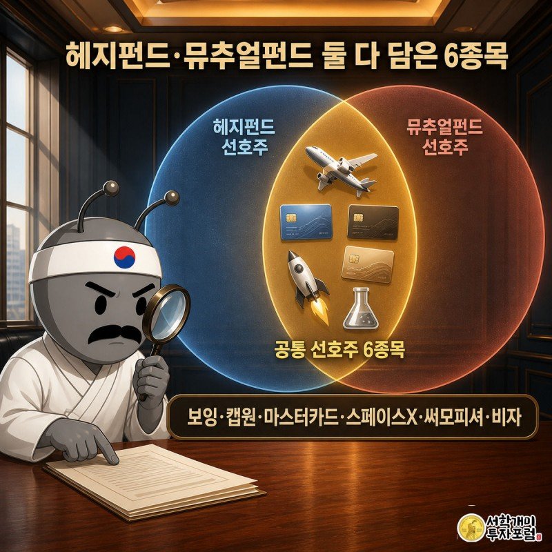 개미가 확대경으로 헤지펀드 선호주와 뮤추얼펀드 선호주가 겹치는 부분에서 6개 종목 아이콘을 살펴보는 모습