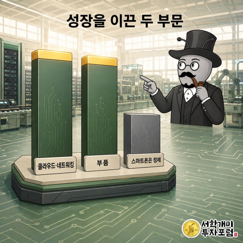 클라우드·네트워킹과 부품 막대가 스마트폰 막대보다 훨씬 높이 솟은 그래프를 가리키는 부자개미