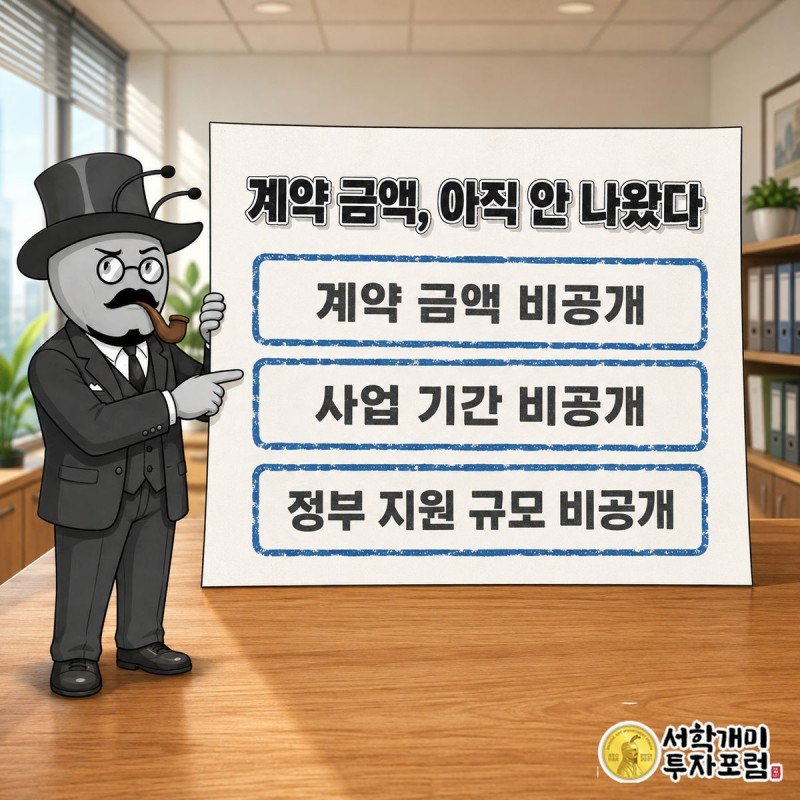 아크릴 국책 AI 사업 계약서에서 계약 금액, 사업 기간, 정부 지원 규모 항목이 비공개 스탬프로 가려진 이미지