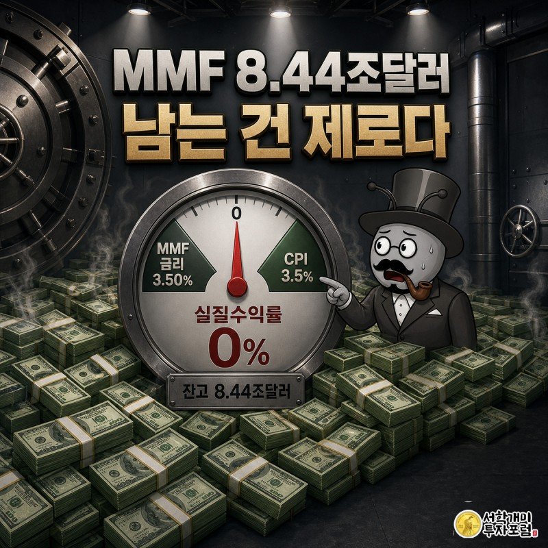 거대한 달러 다발 위에 앉은 개미가 계기판 바늘이 실질수익률 0%를 가리키는 것을 보고 낭패한 표정을 짓는 모습