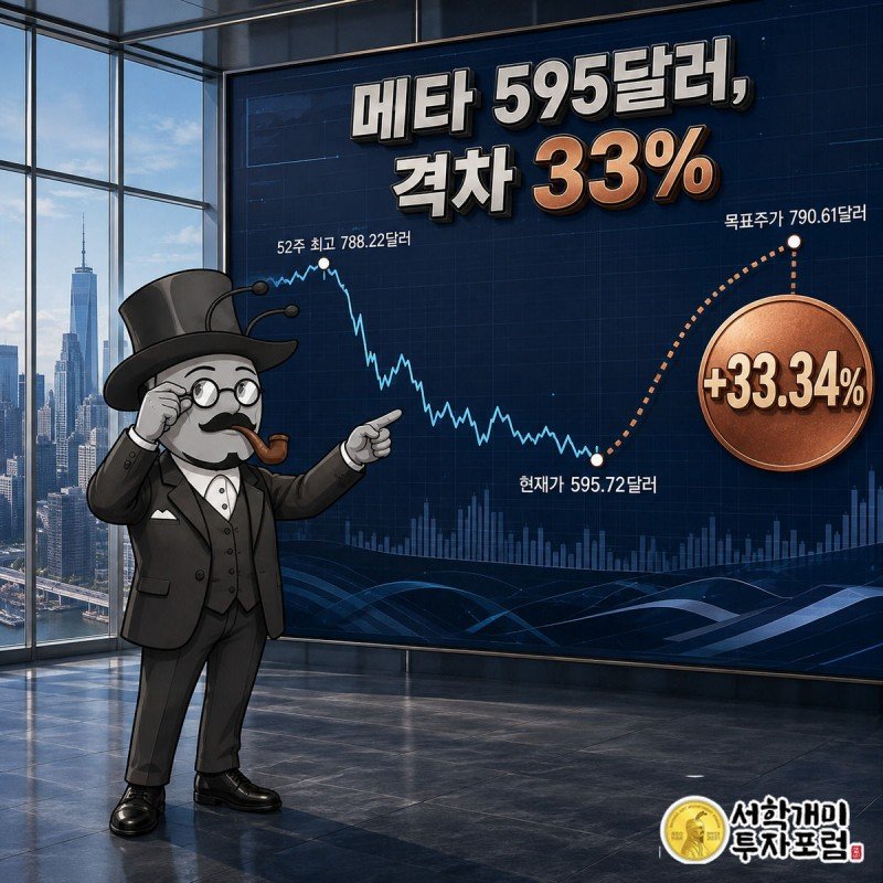 대형 주가차트 화면 앞에서 부자개미가 목표주가 33% 상승 배지를 가리키며 의심스러운 표정을 짓는 모습