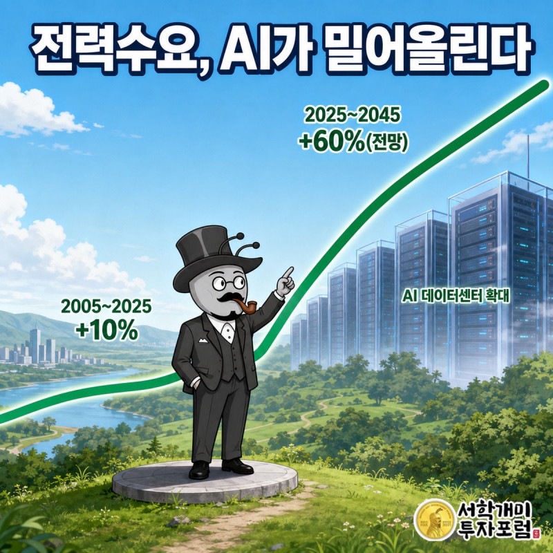 완만하던 전력수요 그래프가 2025년부터 가파르게 꺾여 오르는 지점을 양반개미가 가리키는 그림