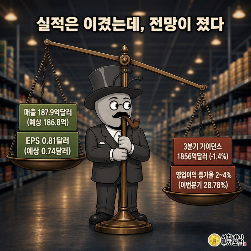 개미가 대차저울을 들고 있고 왼쪽 초록 실적 상회 팻말은 가볍게 뜨고 오른쪽 빨간 가이던스 하향 팻말은 무겁게 가라앉아 있다