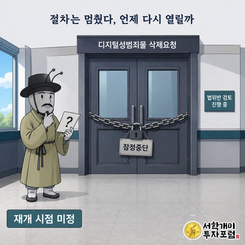 잠긴 삭제요청 절차 문 앞에서 양반개미가 재개 시점을 궁금해하는 그림
