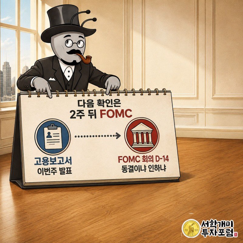 서민개미가 탁상 달력에서 이번 주 고용보고서 발표일과 2주 뒤 FOMC 회의 날짜를 손가락으로 짚어 잇는 이미지