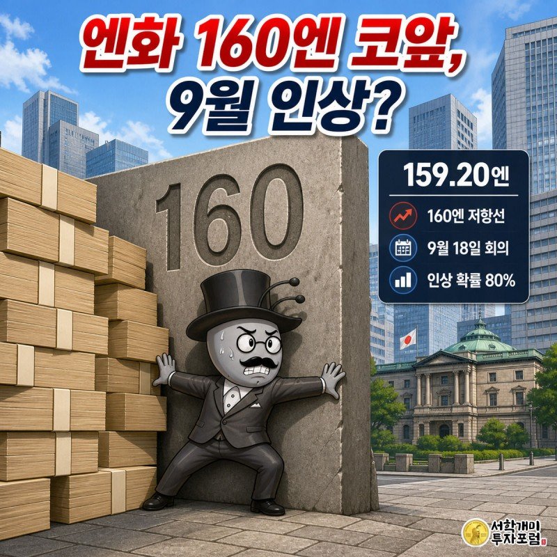 일본은행 개미가 160엔 저항선을 상징하는 방어벽을 온몸으로 버티며 엔화 지폐의 압박을 막고 있는 모습