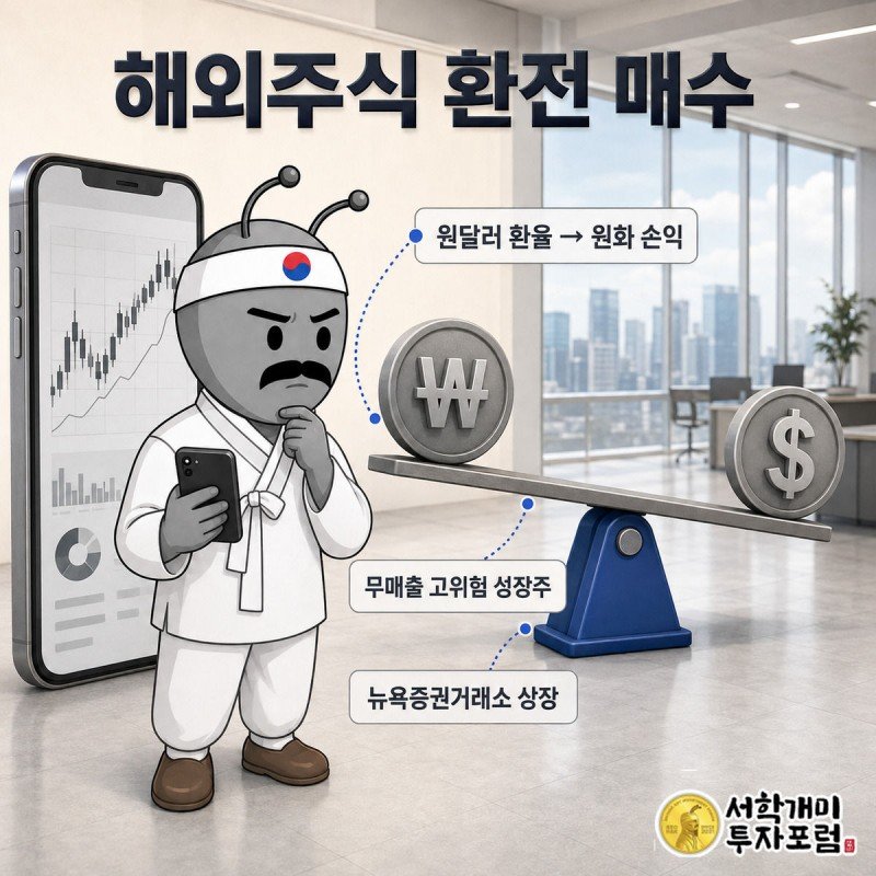 부자개미가 스마트폰 속 SMR·OKLO 시세를 보며 원화와 달러가 양쪽에 놓인 환율 시소를 걱정스럽게 바라보는 그림