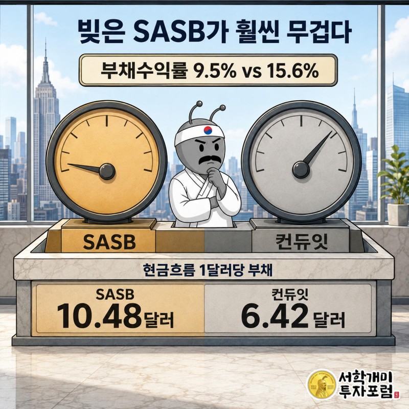 낮은 부채수익률을 가리키는 SASB 계기판과 높은 눈금의 컨듀잇 계기판을 번갈아 살피는 양반개미
