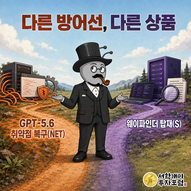 개미가 갈림길에서 클라우드플레어의 네트워크 엣지 방식과 센티널원의 엔드포인트·SOC 방식을 번갈아 가리키는 비교 이미지