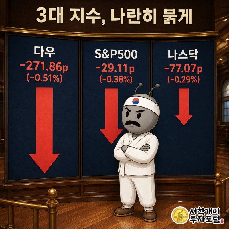 다우·S&#038;amp;P500·나스닥 세 스크린에 낙폭에 비례한 붉은 하강 화살표가 꽂혀 있고 부자개미가 팔짱을 낀 채 낭패한 표정으로 바라본다