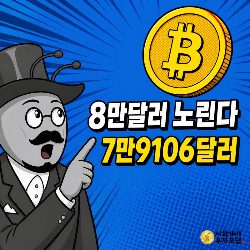 비트코인이 7만9106달러까지 올라 8만달러 돌파를 노리는 상황에 놀란 표정을 짓는 개미 캐릭터의 팝아트 코믹 커버 이미지