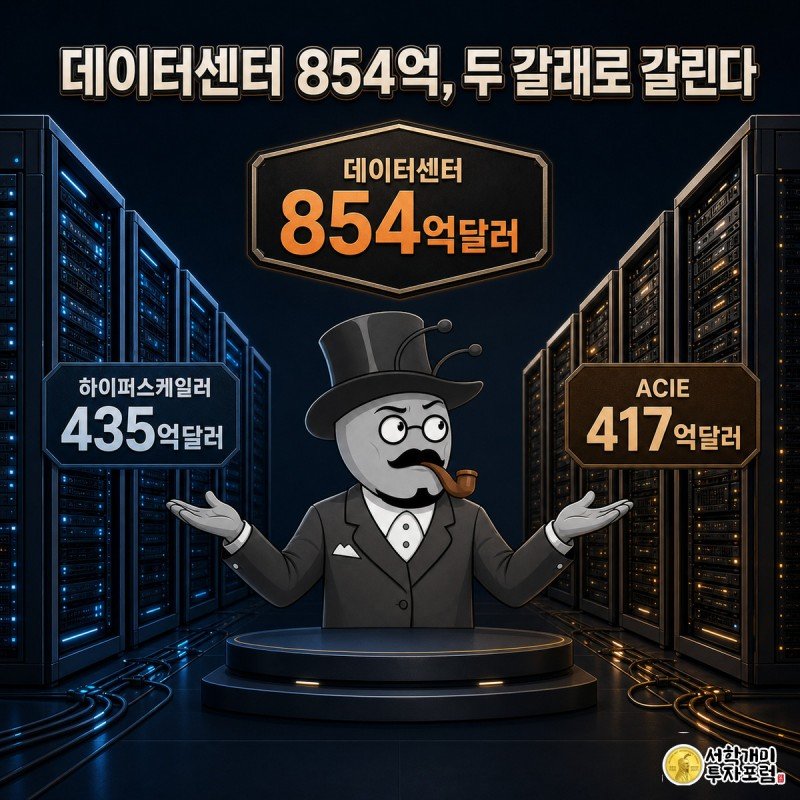 개미 캐릭터가 하이퍼스케일러 435억달러와 ACIE 417억달러로 나뉜 두 서버랙 무더기 사이에서 저울질하듯 좌우를 살피는 모습