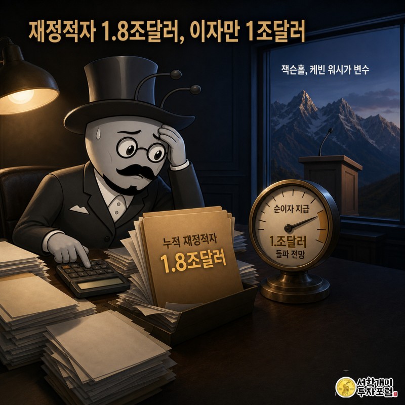 재무부 직원 개미가 재정적자 서류 더미에 파묻힌 채 계산기를 두드리고, 창밖 멀리 잭슨홀 심포지엄 연단 실루엣이 보인다.