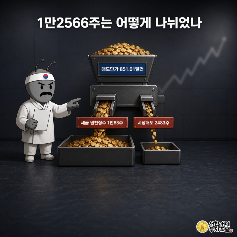 처분 주식 1만2566주 대부분이 세금 원천징수용이고 일부만 시장매도인 구성을 분류함 형태로 보여주는 일러스트