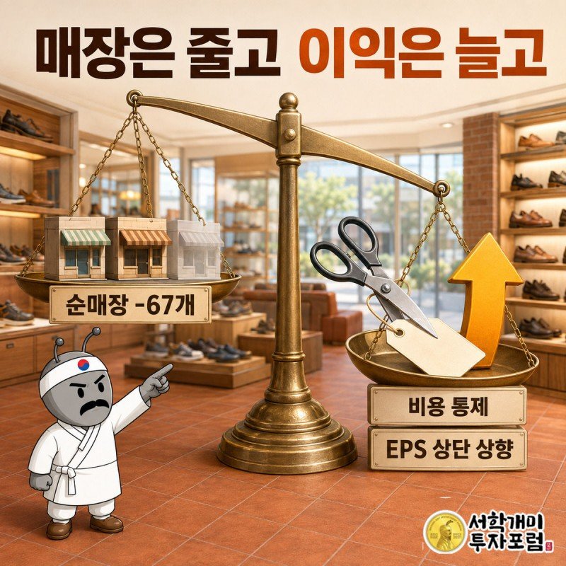 천칭 저울의 한쪽엔 작아지는 매장 상자, 반대쪽엔 비용 절감과 이익 화살표가 올라가 접시가 이익 쪽으로 기우는 장면