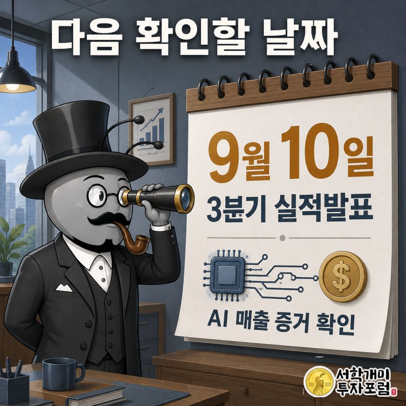 부자개미가 망원경으로 달력의 9월 10일 칸을 겨냥해 살피며 다음 실적발표 일정을 확인하는 장면