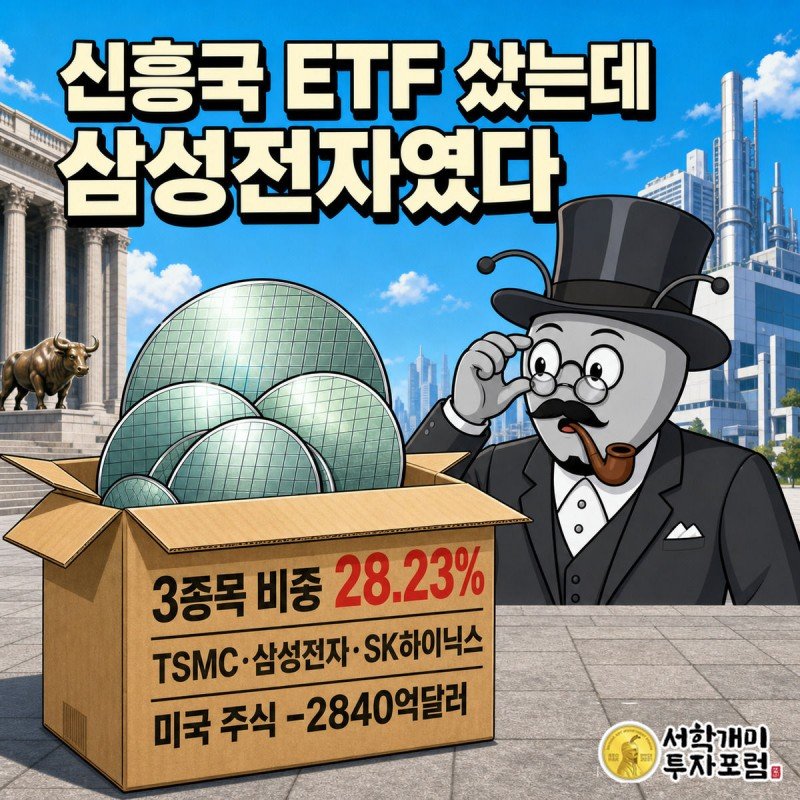 부자개미가 신흥국 ETF 상자를 열자 안에서 TSMC·삼성전자·SK하이닉스라고 적힌 반도체 웨이퍼가 쏟아져 나와 놀라는 모습을 그린 일러스트