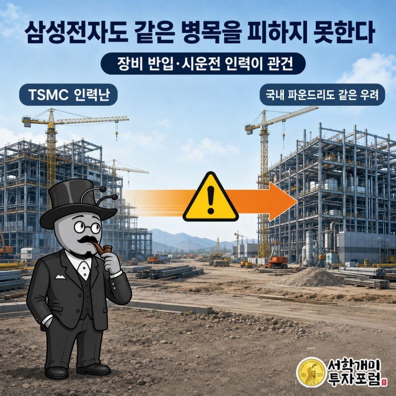 TSMC 공사장에서 국내 파운드리 공사장으로 인력난 경고 아이콘이 건너가고, 서민개미가 근심스러운 표정으로 이를 바라본다