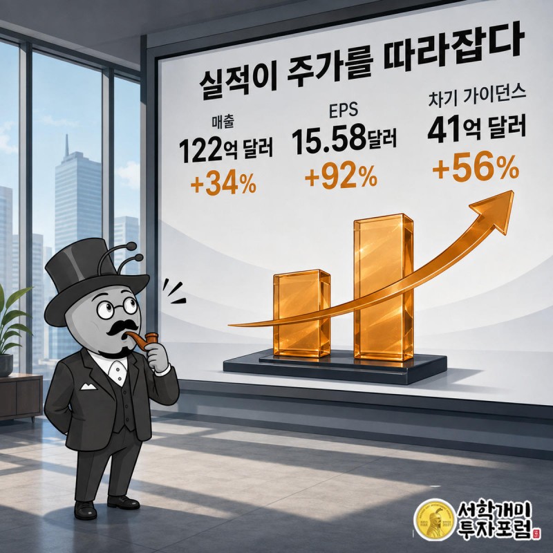 서민개미가 매출과 주당순이익 막대그래프가 치솟는 실적 발표 스크린을 놀란 표정으로 올려다보고 있다