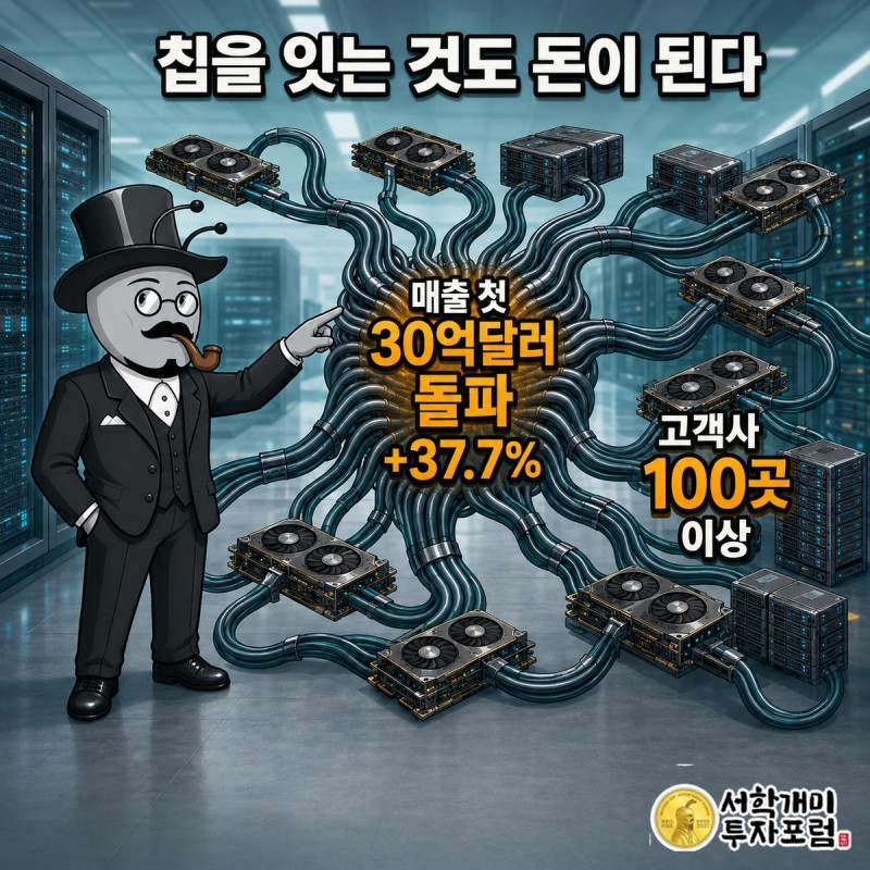 부자개미가 수많은 서버를 잇는 네트워크 케이블 다발을 짚어보며 고개를 끄덕이는 모습