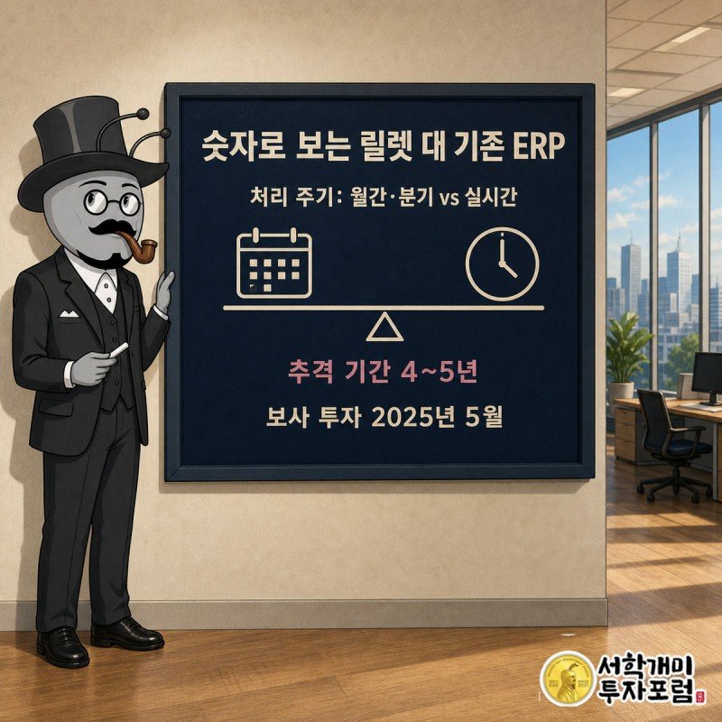 부자개미가 든 스코어보드에 기존 ERP와 릴렛의 처리 주기, 추격 기간, 투자 시점이 나란히 적혀 있다