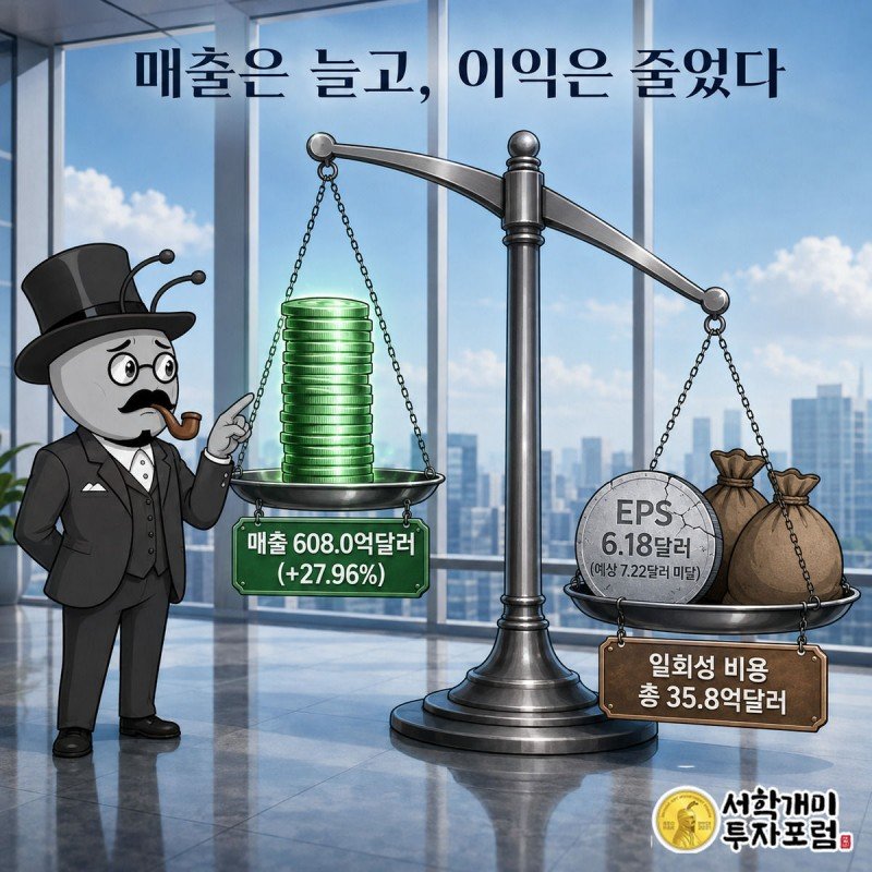 저울 위 매출과 이익이 엇갈리는 모습을 부자개미가 낭패한 표정으로 바라보는 그림