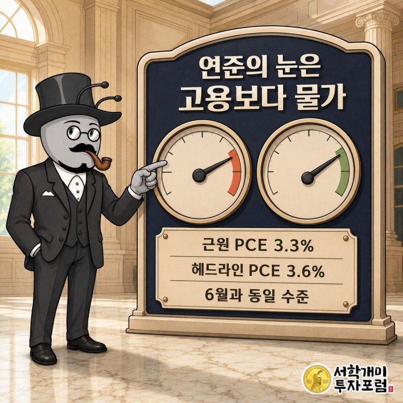 서민개미가 물가 게이지와 고용 게이지 중 붉게 기운 물가 게이지 바늘을 가리키는 이미지