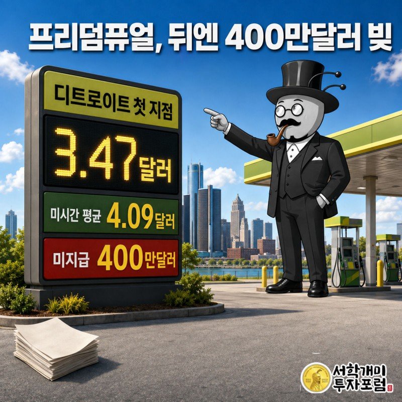 디트로이트 주유소에서 개미가 3.47달러 가격판을 가리키며 웃고 있고 발밑 그림자에는 소송 서류가 숨어 있다