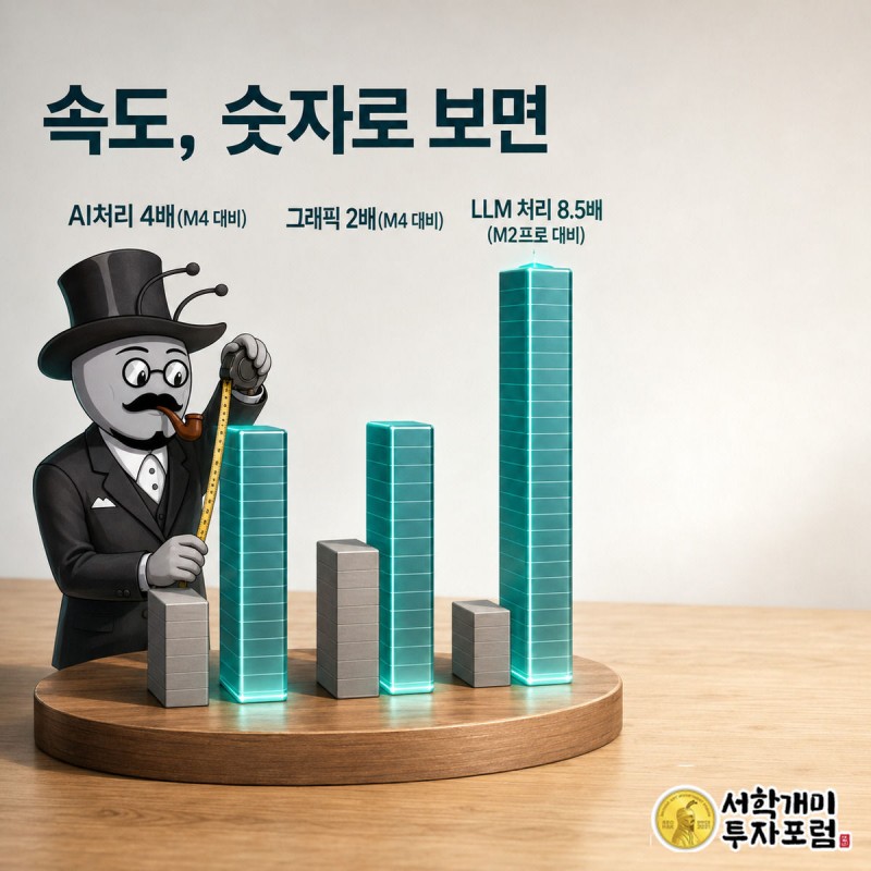이전 세대 막대 옆에 훨씬 높은 새 칩 막대들이 솟아있고 서민개미가 사다리에서 줄자로 높이를 재는 장면