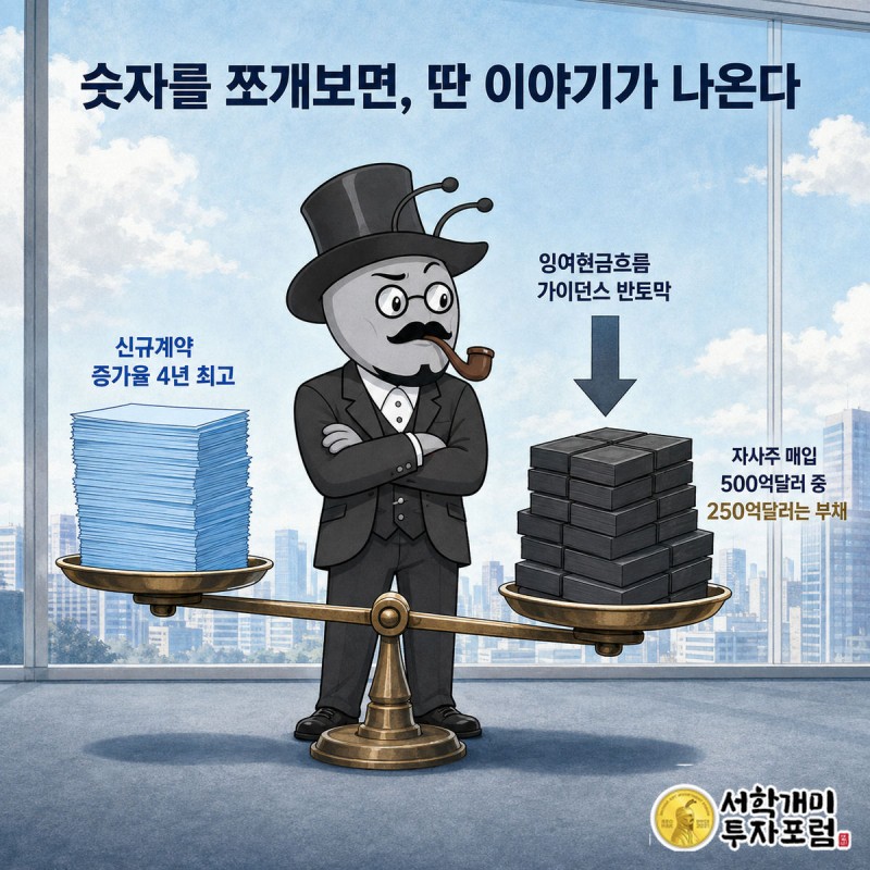 서민개미가 밝은 성장 지표 서류더미와 부채로 조달한 자사주 매입 서류더미 사이에서 의심스러운 표정을 짓고 있다.