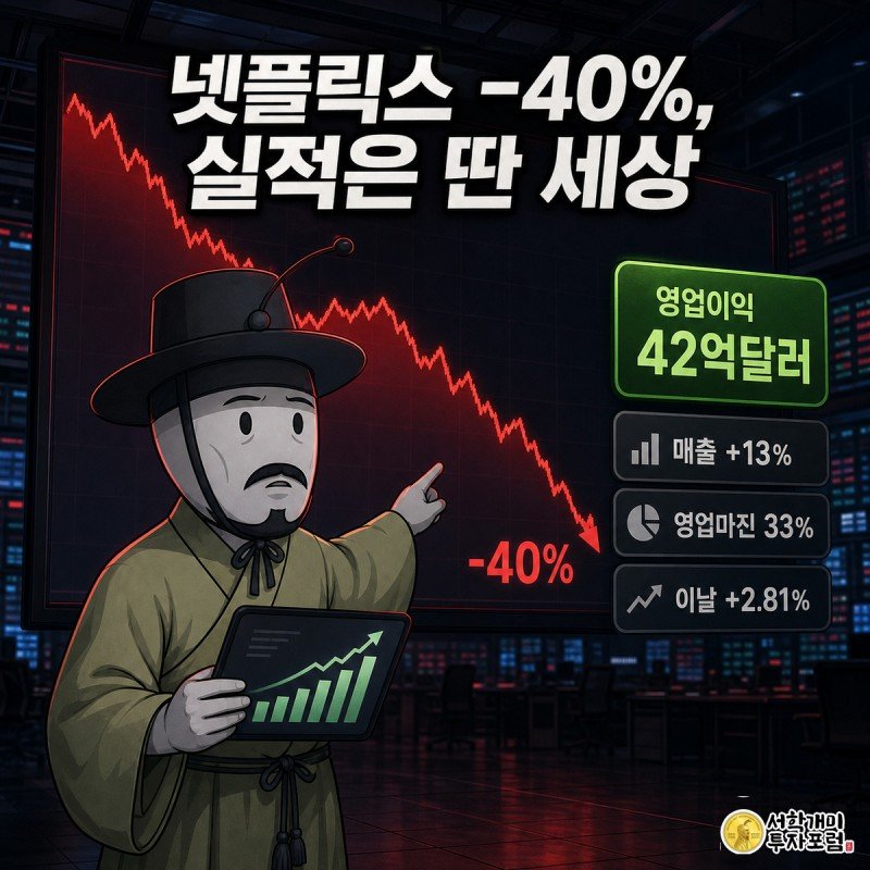 넷플릭스 주가 폭락 차트 앞에서 개미가 놀란 표정으로 매출 상승 태블릿을 함께 들여다보는 모습