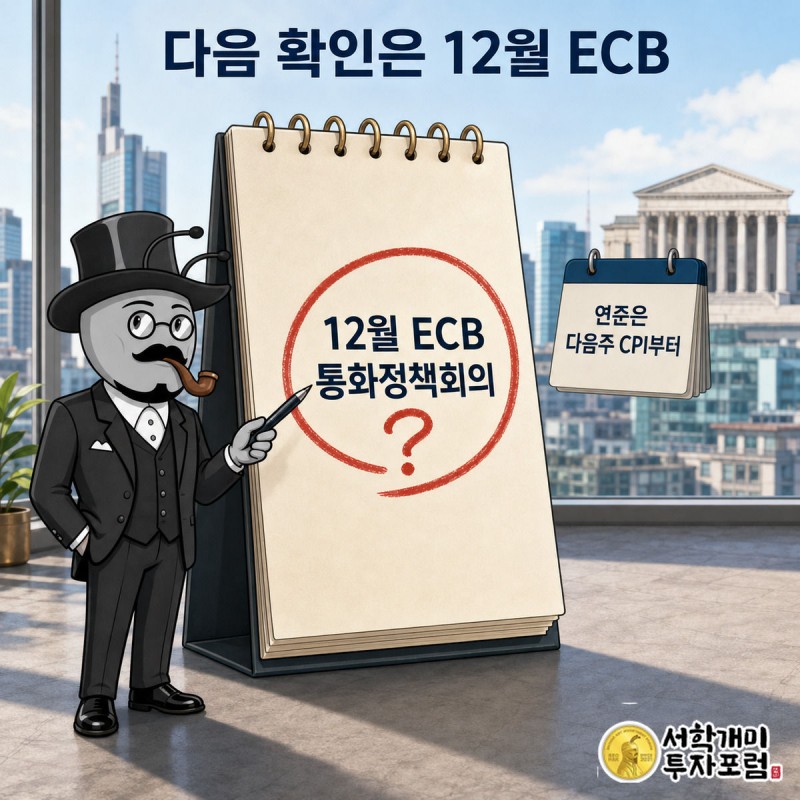 양반개미가 달력의 12월 ECB 회의 날짜에 동그라미를 치고 흐릿한 연준 건물과 비교하는 그림