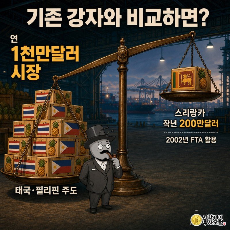 저울 위에서 태국·필리핀 파인애플 상자 더미와 스리랑카 파인애플 상자 하나가 무게를 겨루고 개미가 놀란 표정으로 지켜보고 있다