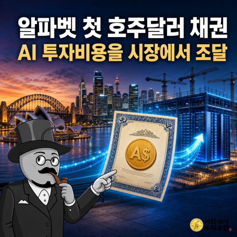 서학개미 기자가 알파벳의 첫 호주달러 채권 발행과 AI 자금조달을 설명하는 컬러풀한 1:1 뉴스 일러스트