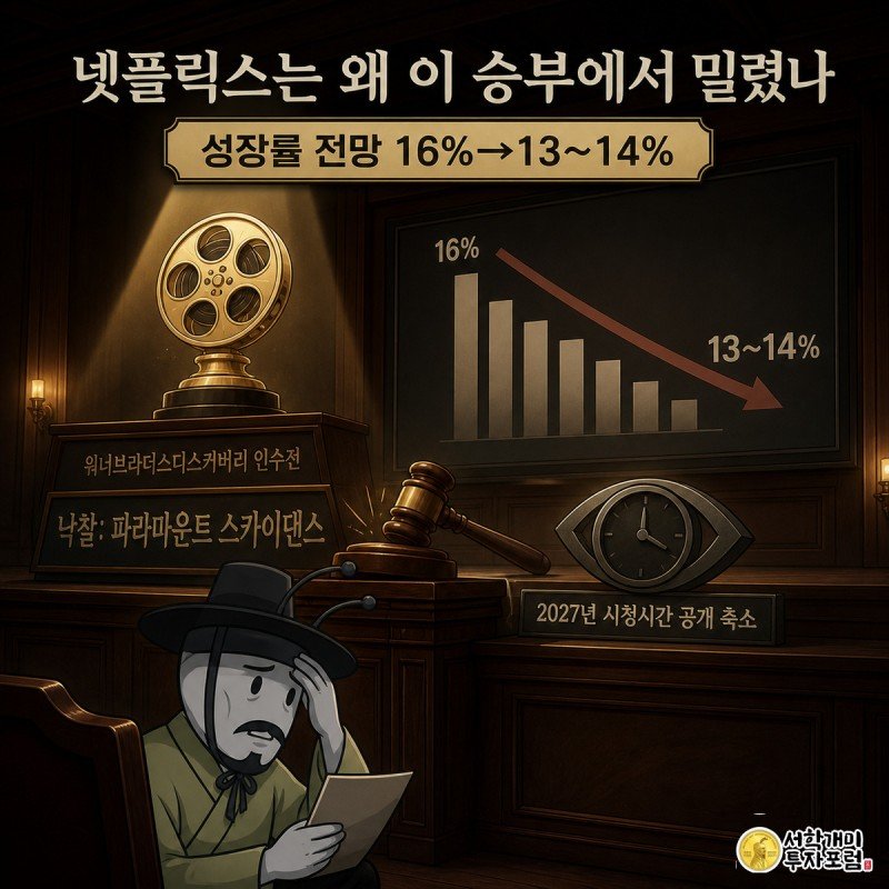 경매장에서 파라마운트 스카이댄스가 워너브라더스디스커버리 트로피를 낙찰받고, 개미가 성장률 하락 그래프를 보며 낭패한 표정을 짓는 모습