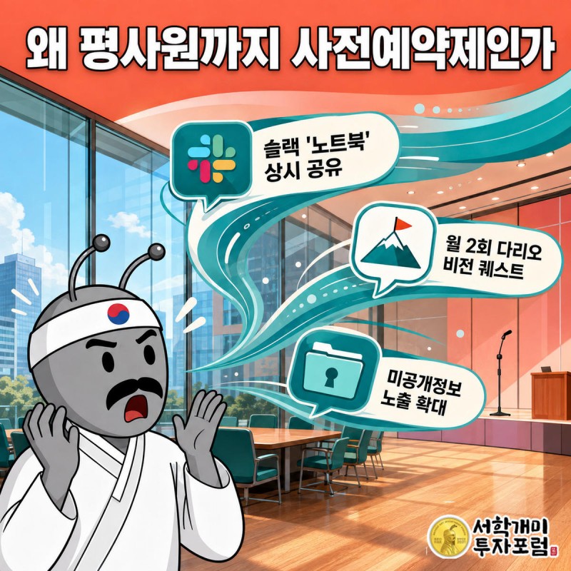 전사 회의 무대와 슬랙 알림창이 동시에 열려 정보가 퍼지는 사무실에서 서민개미가 당황해하는 인포그래픽