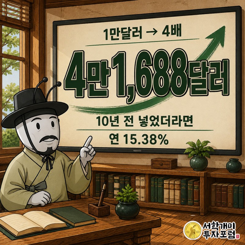 부자개미가 서재 벽면의 급상승 곡선 꼭짓점을 가리키며 만족스럽게 웃고 있고 4만1,688달러 숫자가 곡선 끝에 표시된 그림