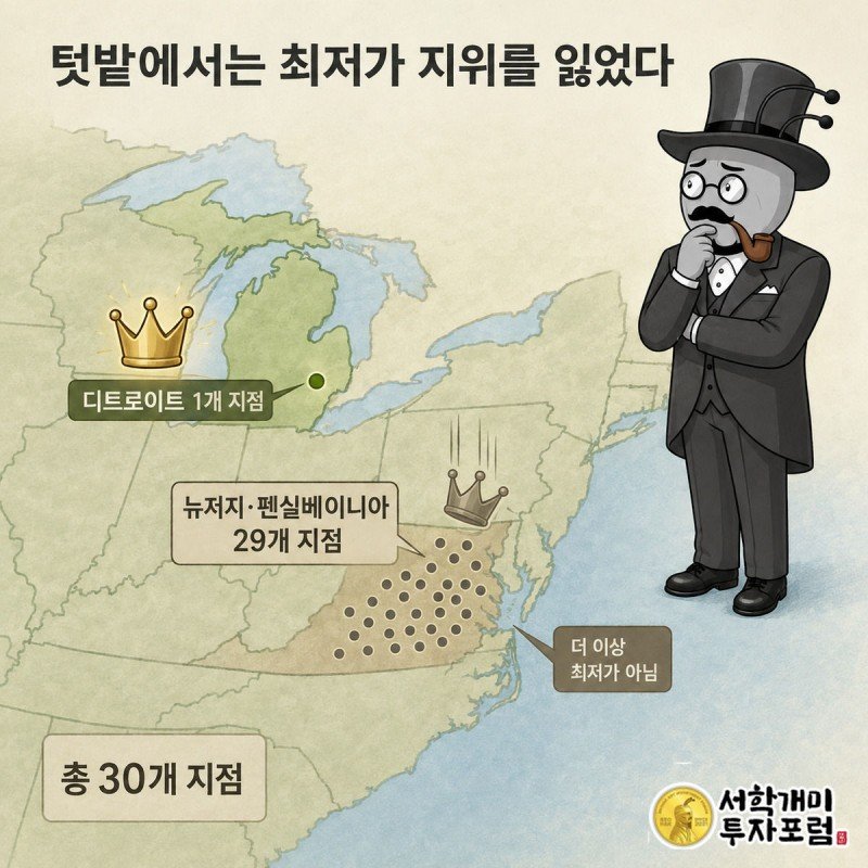지도 위에서 뉴저지·펜실베이니아의 왕관은 빛바래고 디트로이트의 왕관은 빛나는 모습을 개미가 지켜본다