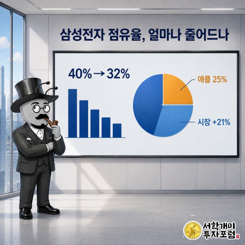 개미가 증권 앱 화면에서 삼성전자 점유율 막대가 40%에서 32%로 줄고 옆의 시장 전체 파이는 커지는 것을 의심스러운 얼굴로 바라보는 그림