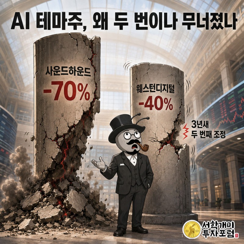 무너진 사운드하운드 기둥과 흔들리는 웨스턴디지털 기둥 사이에서 낭패한 표정으로 올려다보는 서민개미