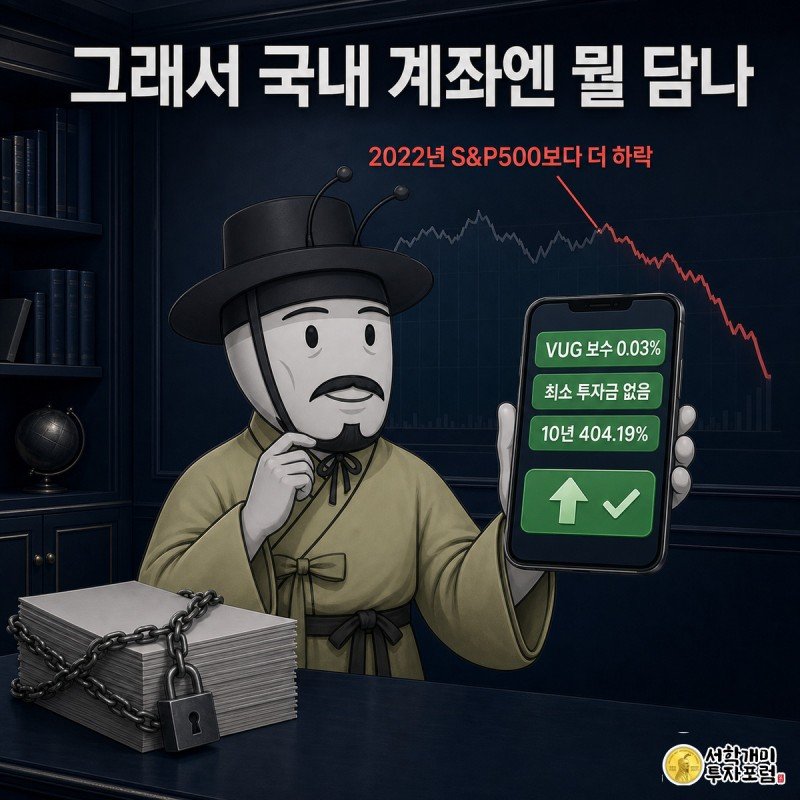 개미가 자물쇠 걸린 VIGAX 서류와 열려 있는 VUG 매수 화면을 양손에 들고 저울질하는 이미지