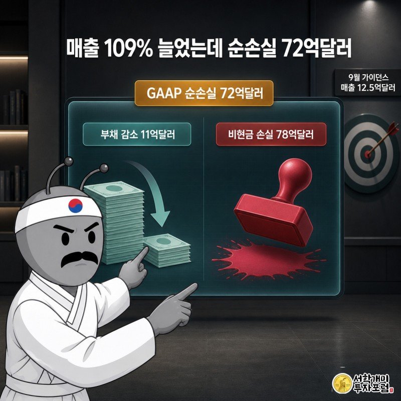 회계장부 화면 앞에서 재무 담당 개미가 줄어든 부채와 늘어난 비현금 손실을 함께 가리키며 다음 분기 목표판을 설명하는 모습