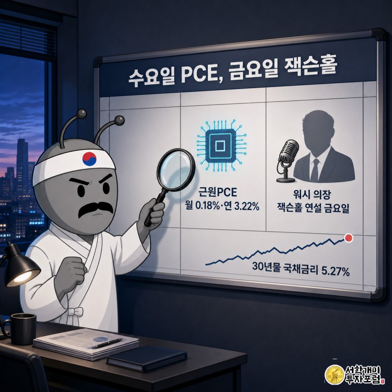 벽에 걸린 이번 주 캘린더 앞에서 개미 캐릭터가 돋보기로 수요일 PCE와 금요일 잭슨홀 연설 일정을 짚어보는 장면