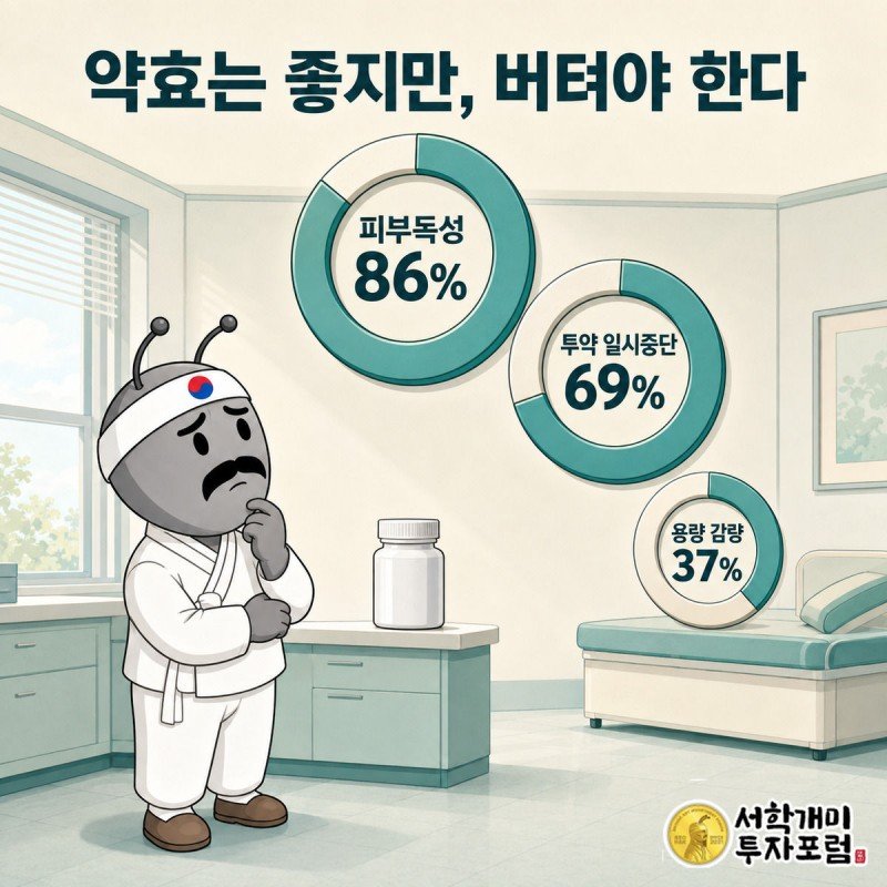 양반개미가 피부독성 86%, 투약 일시중단 69%, 용량 감량 37% 도넛 차트를 근심스럽게 올려다보는 그림