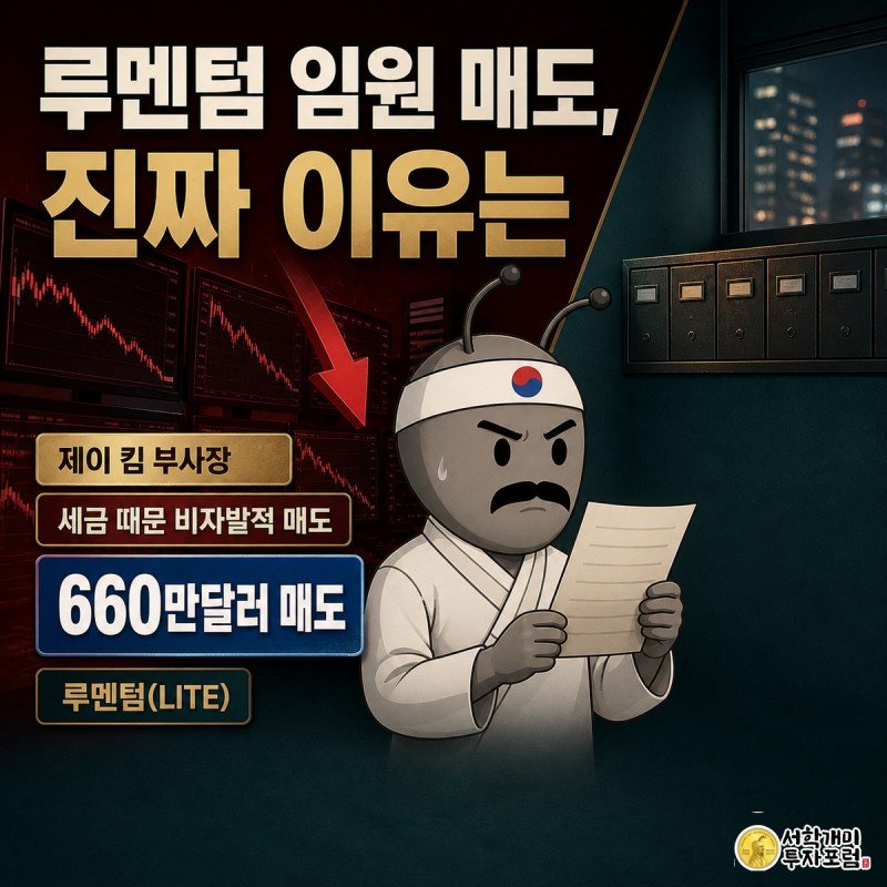 루멘텀 법무총괄 제이 킴의 660만달러 주식 매도를 놀란 표정과 세금 서류를 든 득의양양한 표정으로 대비해 보여주는 일러스트