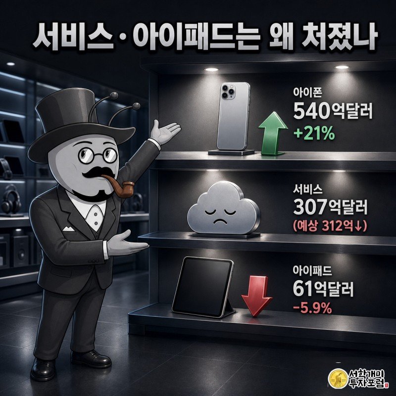 애플 매장 진열대에서 아이폰은 맨 위에서 빛나고 서비스와 아이패드는 아래 칸에서 처진 모습으로 비교되는 그림, 개미들이 각각 기뻐하거나 곤란해한다
