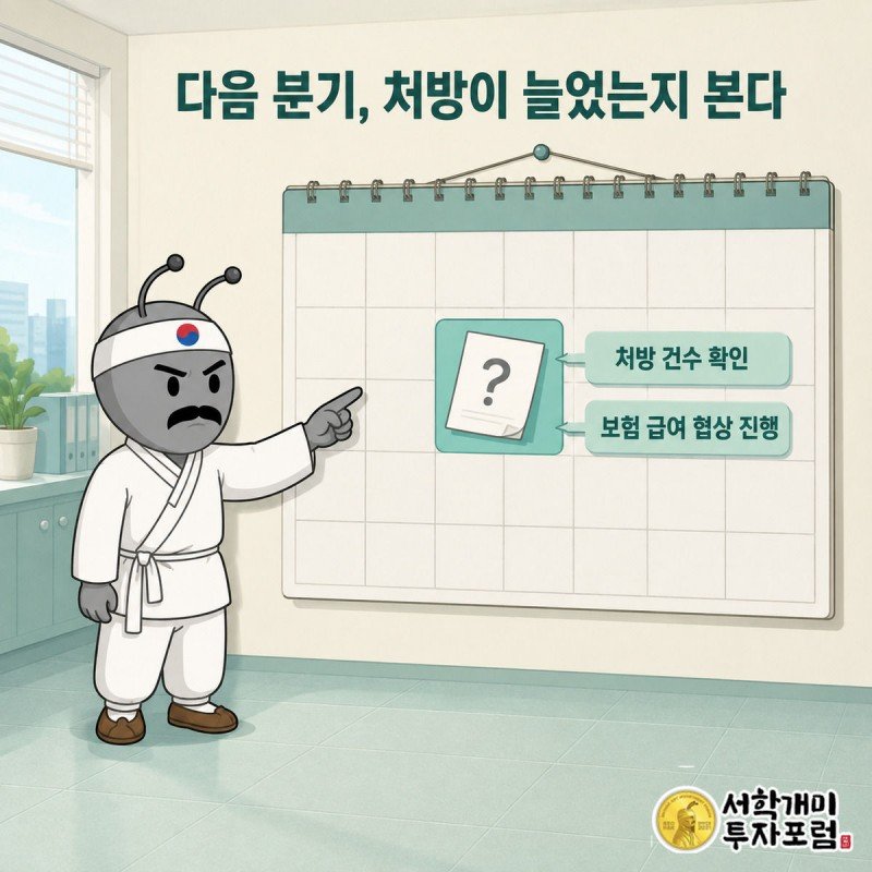서민개미가 다음 분기 달력 칸에서 처방 건수와 보험 급여 협상 진행 상황을 확인하는 그림