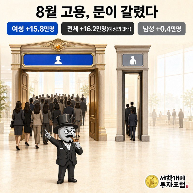 넓은 여성 채용문과 좁은 남성 채용문 사이에 서서 놀라는 개미