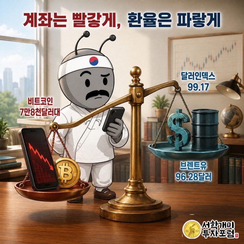 저울 왼쪽에 주식 계좌와 비트코인이 가라앉고 오른쪽에 달러와 원유가 떠오르는 모습을 부자개미가 복잡한 표정으로 바라본다